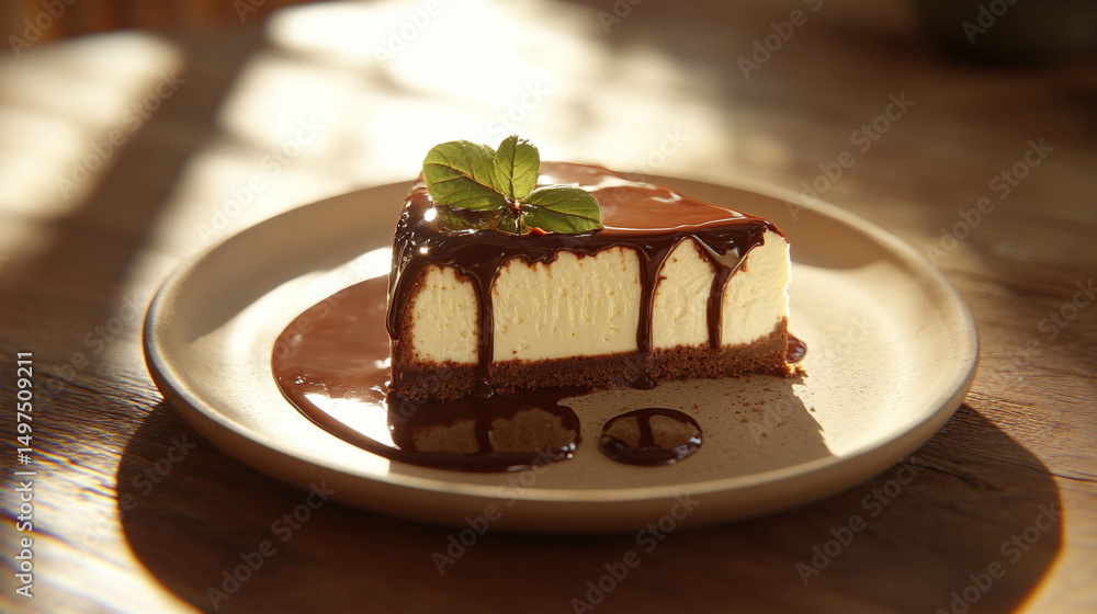 A delicious cheesecake drizzled with rich chocolate sauce, elegantly presented on a light beige plate. Sunlight gently reflects off the glossy surface, enhancing the dessert’s creamy texture and invit A delicious cheesecake drizzled with rich chocolate sauce, elegantly presented on a light beige plate. Sunlight gently reflects off the glossy surface, enhancing the dessert’s creamy texture and invit