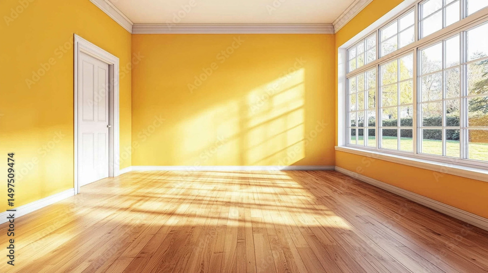 Obraz premium An empty living room with wooden floor and light yellow color wall