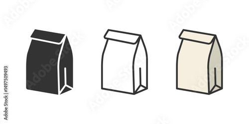 Lunch paper bag icon, grocery bag, takeaway food packaging with folded top, vector outline, flat and colored illustration isolated on background