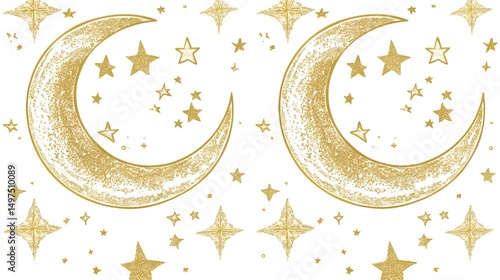 Golden Crescent Moons and Stars Celestial Night Sky Pattern