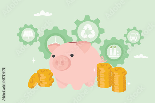 Green Innovation and Clean Energy Investment Concept. Piggybank with coins and gears, symbolizing sustainable technology and eco-friendly financial growth. Vector illustration.