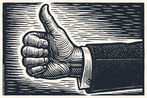 Vintage woodcut or linocut style vector: a hand in a suit sleeve gives the thumbs up. Retro engraved design for approval, success, or positive feedback.
