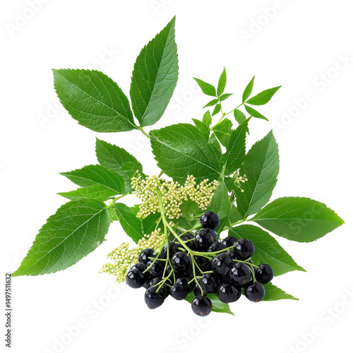 Fresh Black Elderberry Bunch with Lush Green Leaves and Flowers on White Background for Natural Health and Herbal Remedies Transparent background, PNG