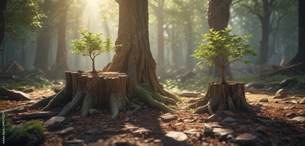 Obraz premium Tiny tree pushing through ancient stump, sunlight illuminating fresh leaves , nature, shadow, life