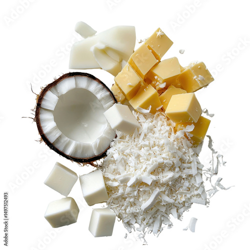 Fresh Ingredients for Cooking: Coconut, Grated Cheese, Blocks of Cheese, and Shredded Coconut for Delicious Recipes and Culinary Creations Transparent background, PNG