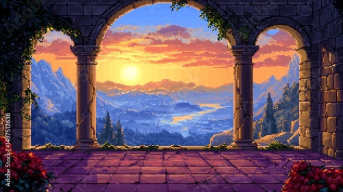 Captivating pixel art castle interior enriched by a stunning sunset view. 