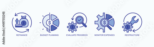 Financial Flow Icon Set Isolated Vector With Icon Of Refinance, Budget Planning, Evaluate Progress, Monitor Expenses, Restructure In Blue Style