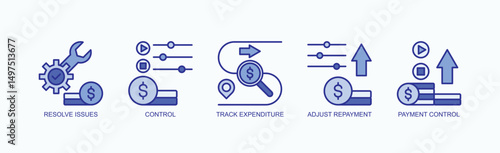 Fintrack Icon Set Isolated Vector With Icon Of Resolve Issues, Control, Track Expenditure, Adjust Repayment, Payment Control In Blue Style