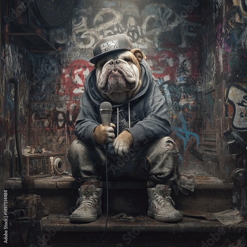 Hip-hop bulldog in urban alley with graffiti wall holding microphone in streetwear outfit
