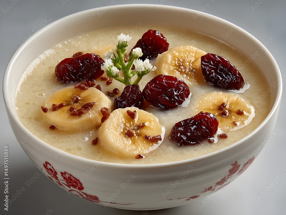 A delicious and healthy breakfast bowl of creamy porridge topped with sliced bananas, cranberries, and flax seeds. A delicious and healthy breakfast bowl of creamy porridge topped with sliced bananas, cranberries, and flax seeds.