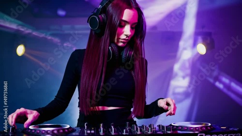 Stylish Female DJ Mixing at Nightclub – Cinematic Loop with Pink Lights, Headphones, and DJ Controller | 4K Video Background