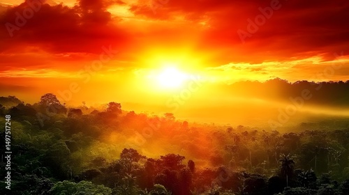 Vibrant Sunrise Over Lush Tropical Rainforest