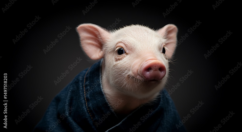 Fototapeta premium Adorable piglet wearing a denim jacket posing against a dark background