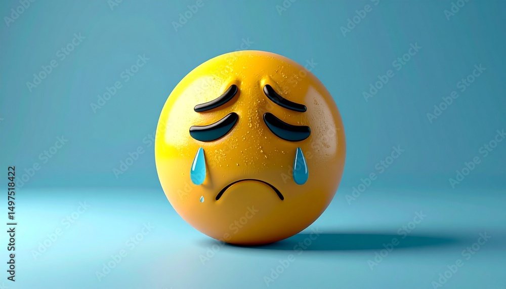 Fototapeta premium A semi-realistic crying emoji with teardrops, against a muted blue background and soft shadows.