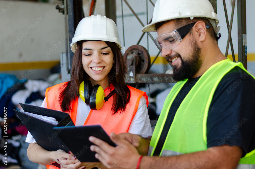 Obraz premium Female engineer holding a binder and male worker holding a digital tablet at construction site. Engineer concept