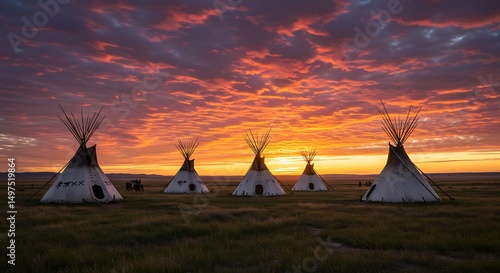 Plains tipis silhouetted against fiery sunset