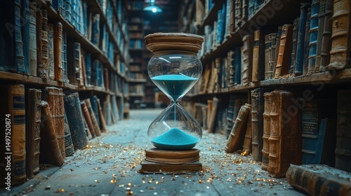An enchanting hourglass amidst ancient dusty books in a mysterious library, symbolizing the passage of time and knowledge