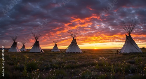 Prairie tipis at sunset under fiery sky