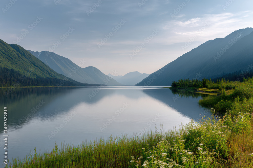 tranquil lake surrounded by majestic mountains in alaska reflecting clear blue sky tranquil lake surrounded by majestic mountains in alaska reflecting clear blue sky