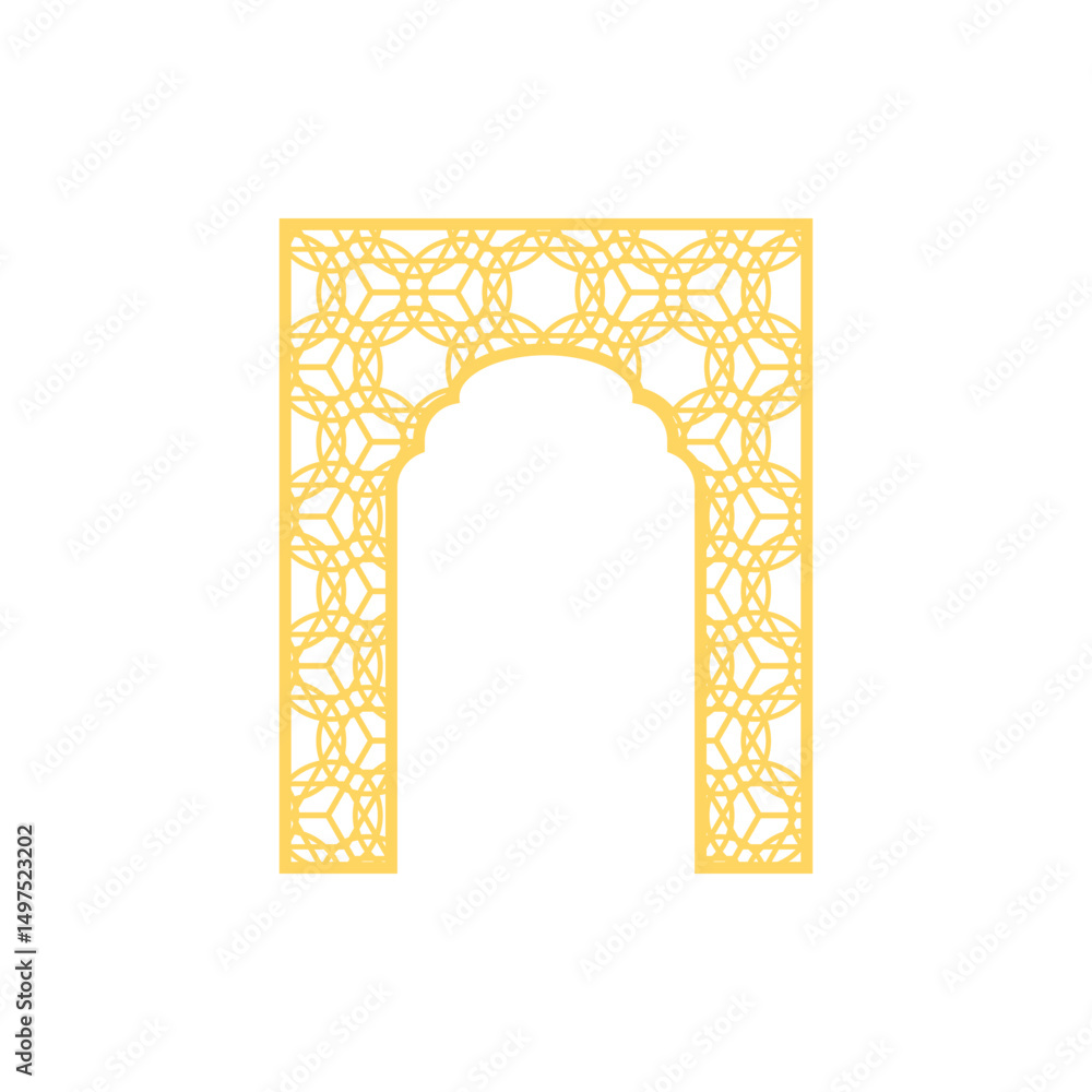 Fototapeta premium Golden Islamic arch gate frame with Arabic beautiful arabesque pattern oriental style, vector traditional Ramadan design