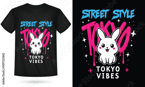 Tokyo Vibes Street Style Bunny T-Shirt – Cute Kawaii Anime Graphic with Urban Graffiti Font