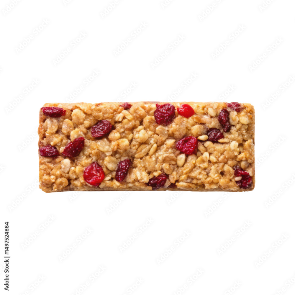 Granola bar with dried berries and oats, close up shot showing crunchy texture and colorful fruit pieces, ideal for healthy snack options Granola bar with dried berries and oats, close up shot showing crunchy texture and colorful fruit pieces, ideal for healthy snack options