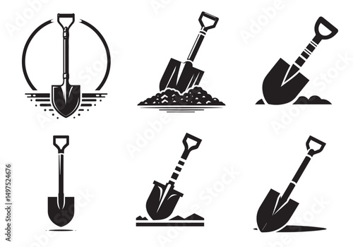 Shovel Icon Set, Shovel Silhouette Black Vector White Background