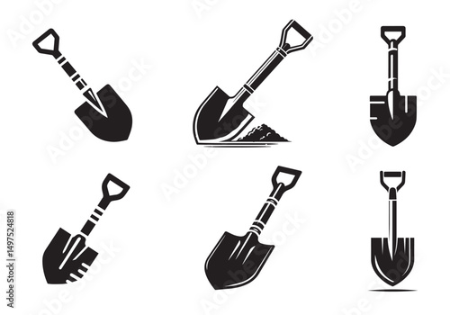 Shovel Icon Set, Shovel Silhouette Black Vector White Background