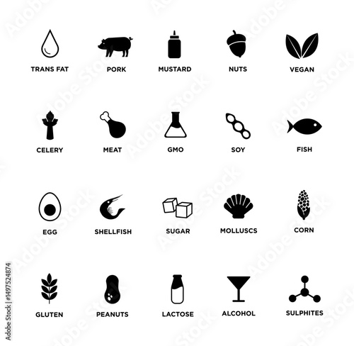 Allergen icons set on black colour