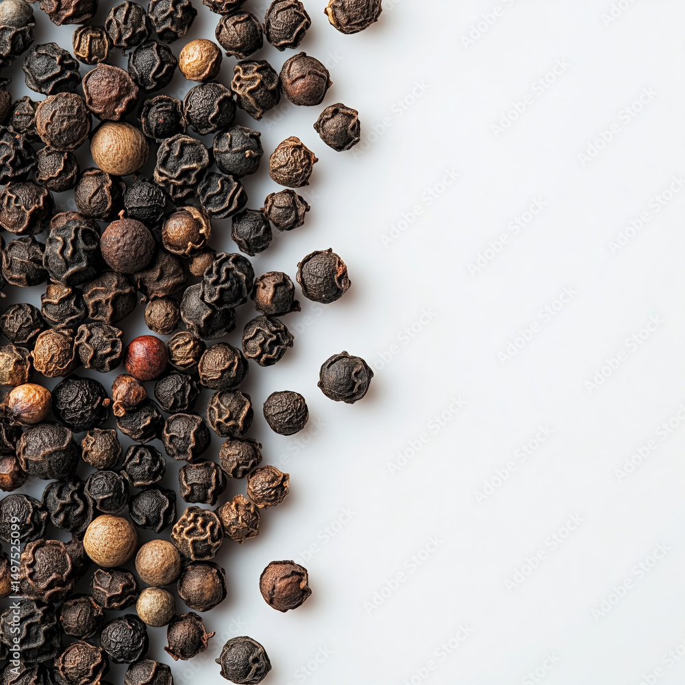 Obraz premium Black Peppercorns Scattered on White Background