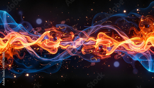 Dynamic blue and orange flame swirl with sparkles, energetic symbolism