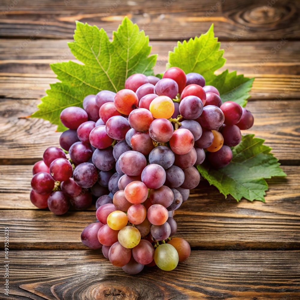Fresh Bunches of Grapes on Rustic Wooden Surface Fresh Bunches of Grapes on Rustic Wooden Surface