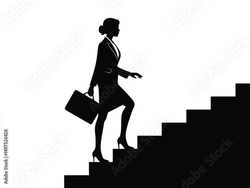 silhouette of woman climbing stairs, Silhouette of business woman climbing the stairs of success with a briefcase