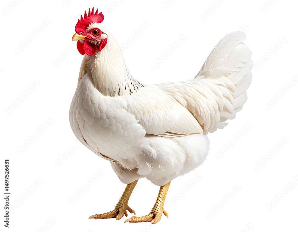 Fototapeta premium Standing White Chicken Hen with Feather Texture, isolated on a transparent background.