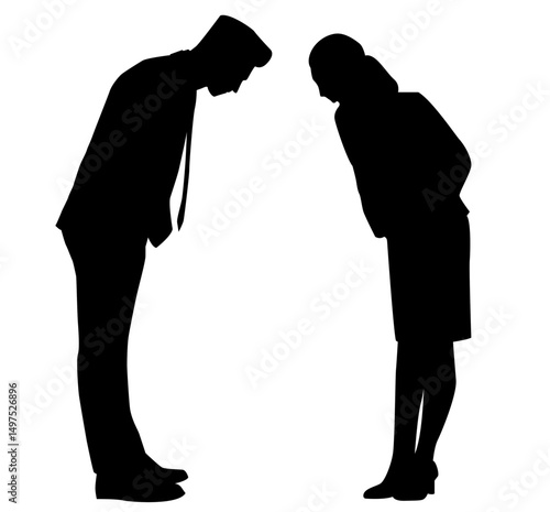 silhouette business man and woman bow their heads and bow in respect