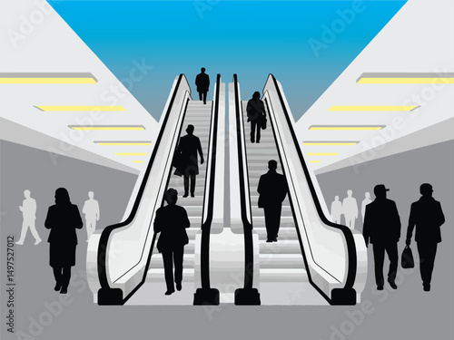 silhouette of people walking on the escalator, silhouette of people using escalators