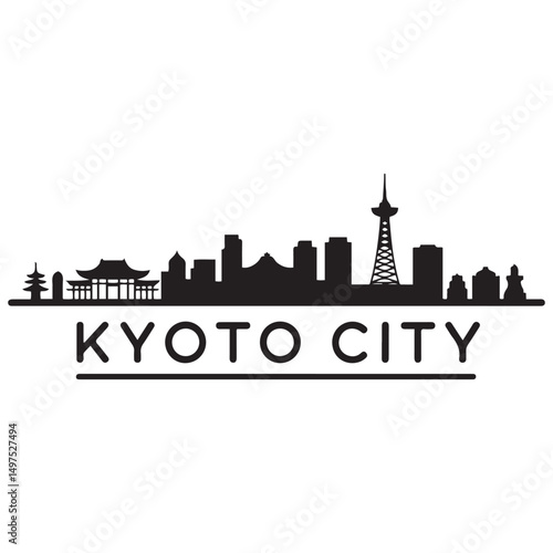 Kyoto skyline horizontal banner. Black Kyoto City, Japan. Vector template for your design. Vector black silhouette. with white background