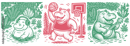 Vector set: three fun hippopotamus characters. One listens to music with headphones, one plays basketball, and one strums a banjo. Retro sketch style art.