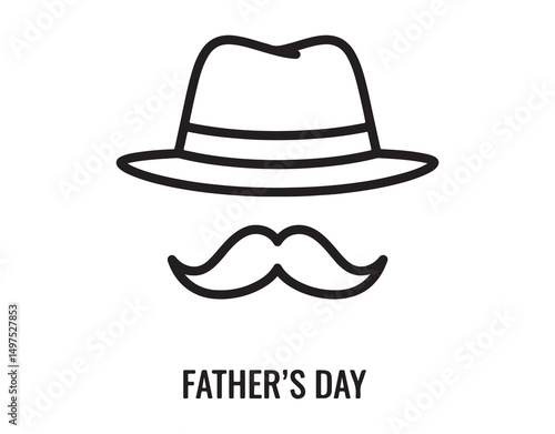 Icon of a hat and mustache, representing Father's Day. Customizable stroke. Simple graphic. Vector design template.