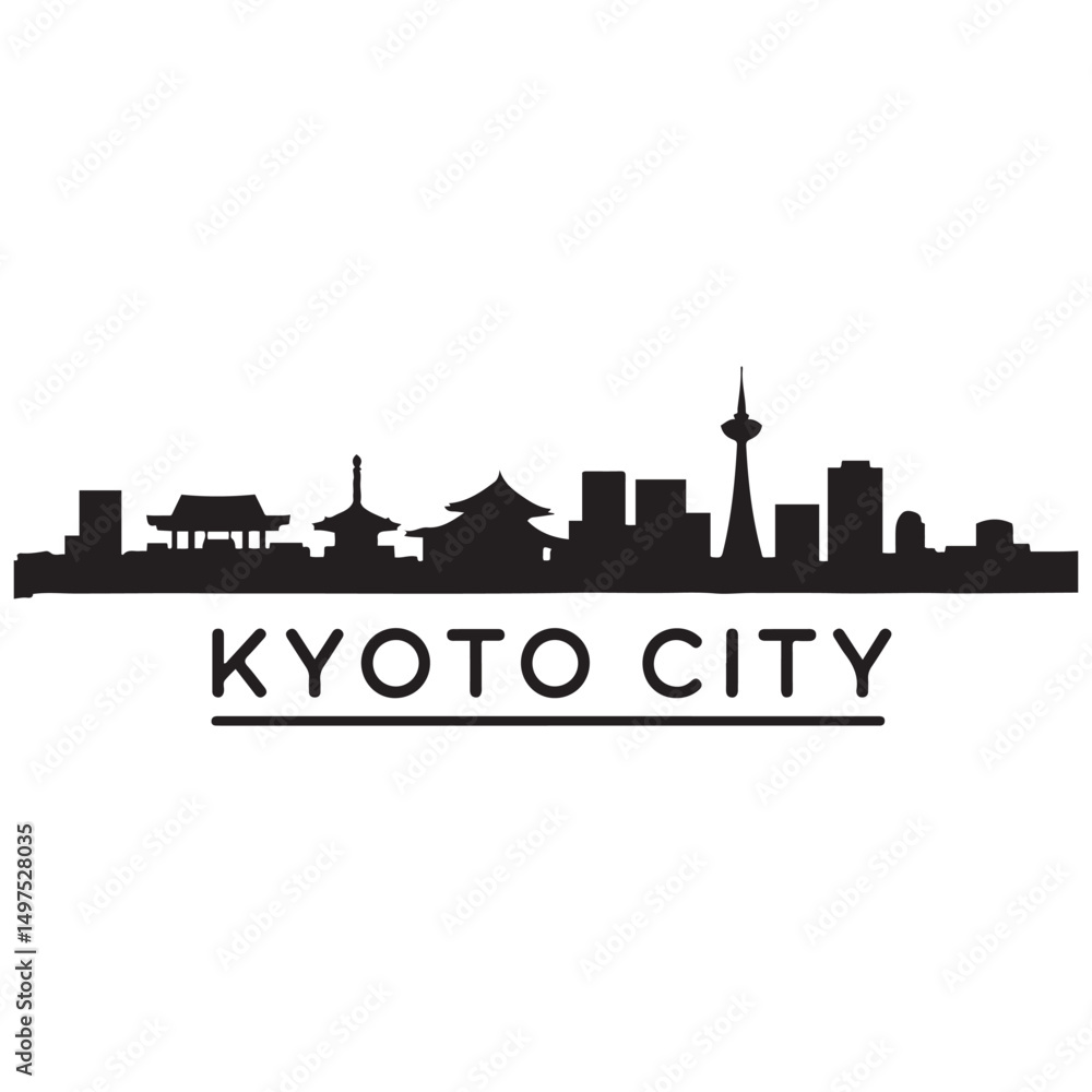 Obraz premium Kyoto skyline horizontal banner. Black Kyoto City, Japan. Vector template for your design. Vector black silhouette. with white background
