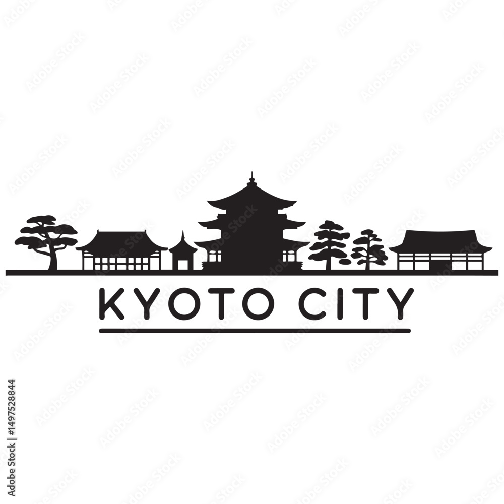 Obraz premium Kyoto skyline horizontal banner. Black Kyoto City, Japan. Vector template for your design. Vector black silhouette. with white background