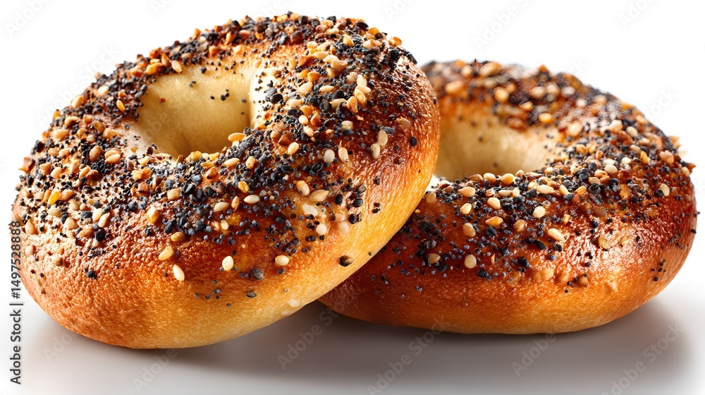 Two delicious freshly baked everything bagels topped with poppy seeds sesame seeds and onion flakes are ready to eat. Two delicious freshly baked everything bagels topped with poppy seeds sesame seeds and onion flakes are ready to eat.