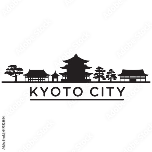 Kyoto skyline horizontal banner. Black Kyoto City, Japan. Vector template for your design. Vector black silhouette. with white background