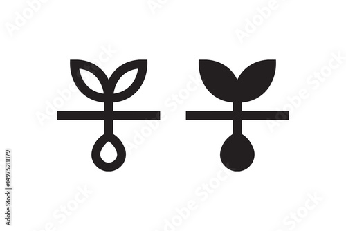 Minimalist plant icons: leaf and seedling design in black on white background.