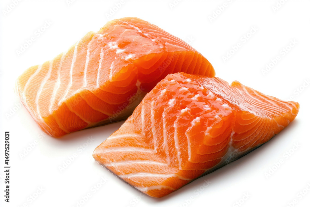 Fresh raw salmon fillet with bright orange flesh on white background food photography minimalist style close-up culinary art Fresh raw salmon fillet with bright orange flesh on white background food photography minimalist style close-up culinary art