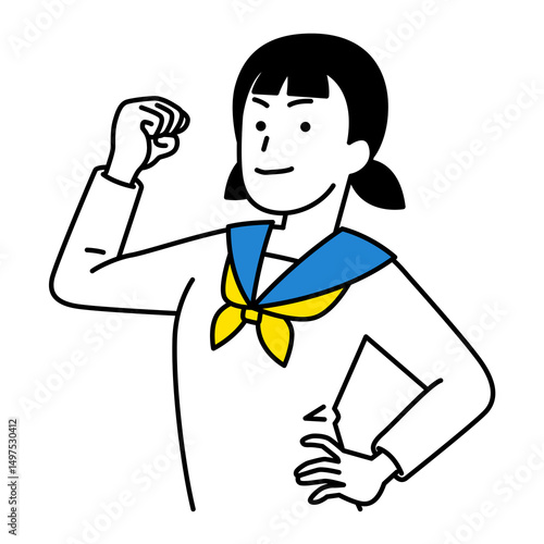 力こぶを作って見せる女子学生