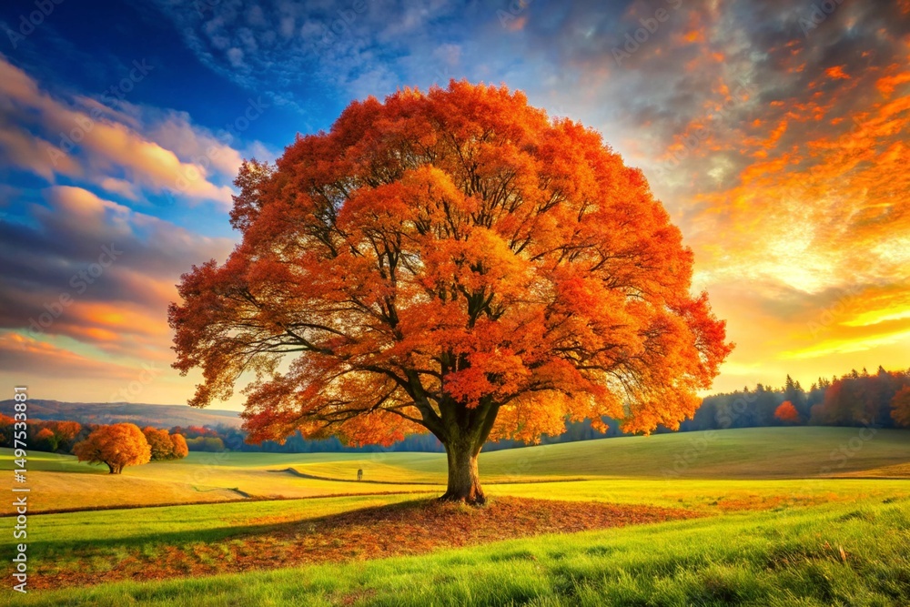 Fototapeta premium Beautiful Autumn Tree with Orange Leaves in Open Field
