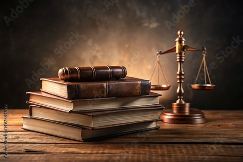 Books of Law on Wooden Table Against Dark Background