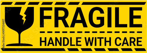 sticker fragile handle with care, black and yellow fragile warning label, fragile label with broken glass symbol. vector asset