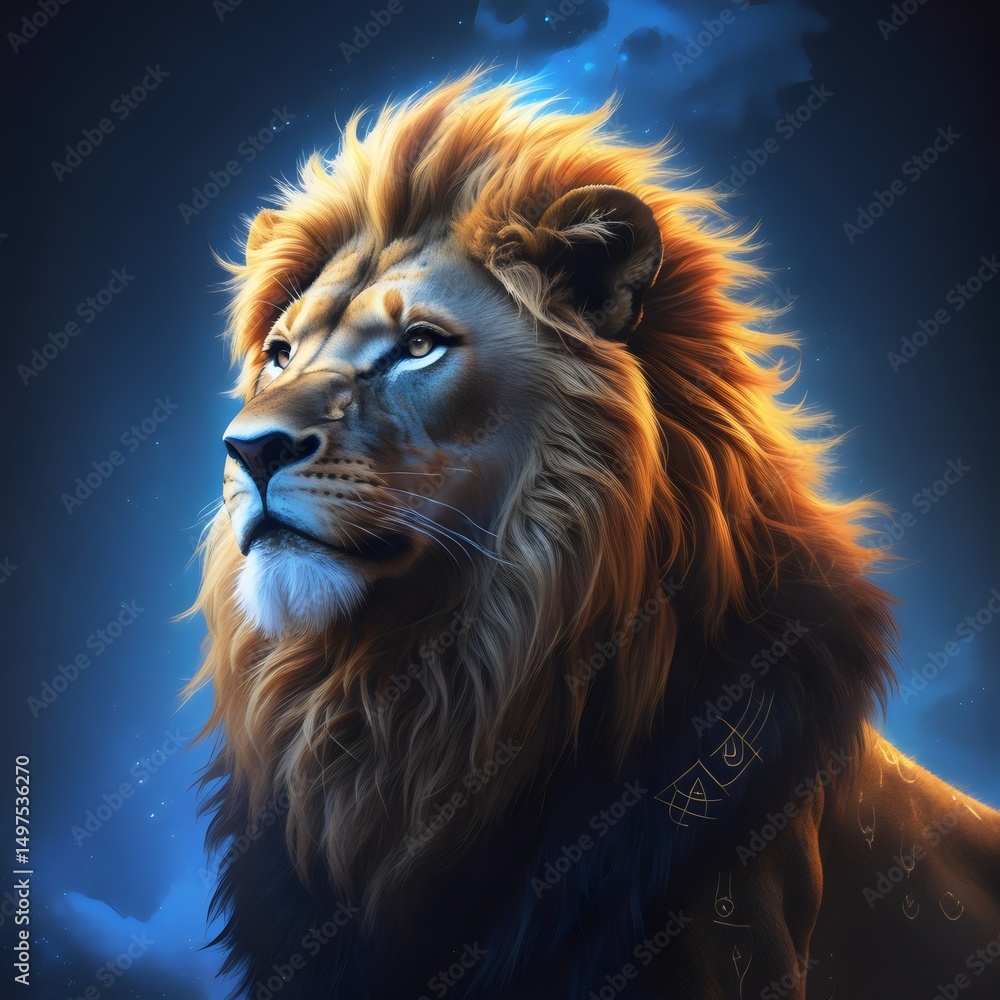 Naklejka premium Majestic Lion Illuminated in a Starry Night with Glowing Aura Generative AI